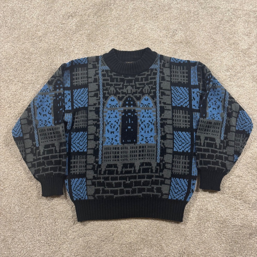 Vintage Uniform Code Mens M Geometric Abstract Castle Graphic Knit Sweater